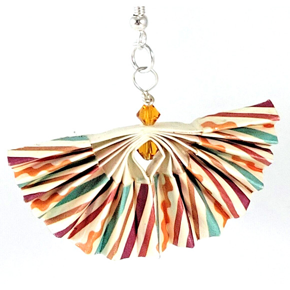 Multicolor Striped Origami Fan Earrings with Swarovski Beads - Picture 7 of 7